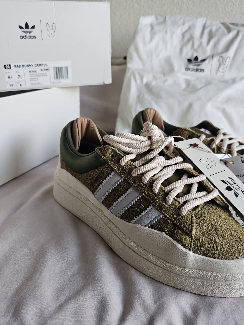 adidas Bad Bunny Campus Olive Green Suede Sneakers with Cream Laces